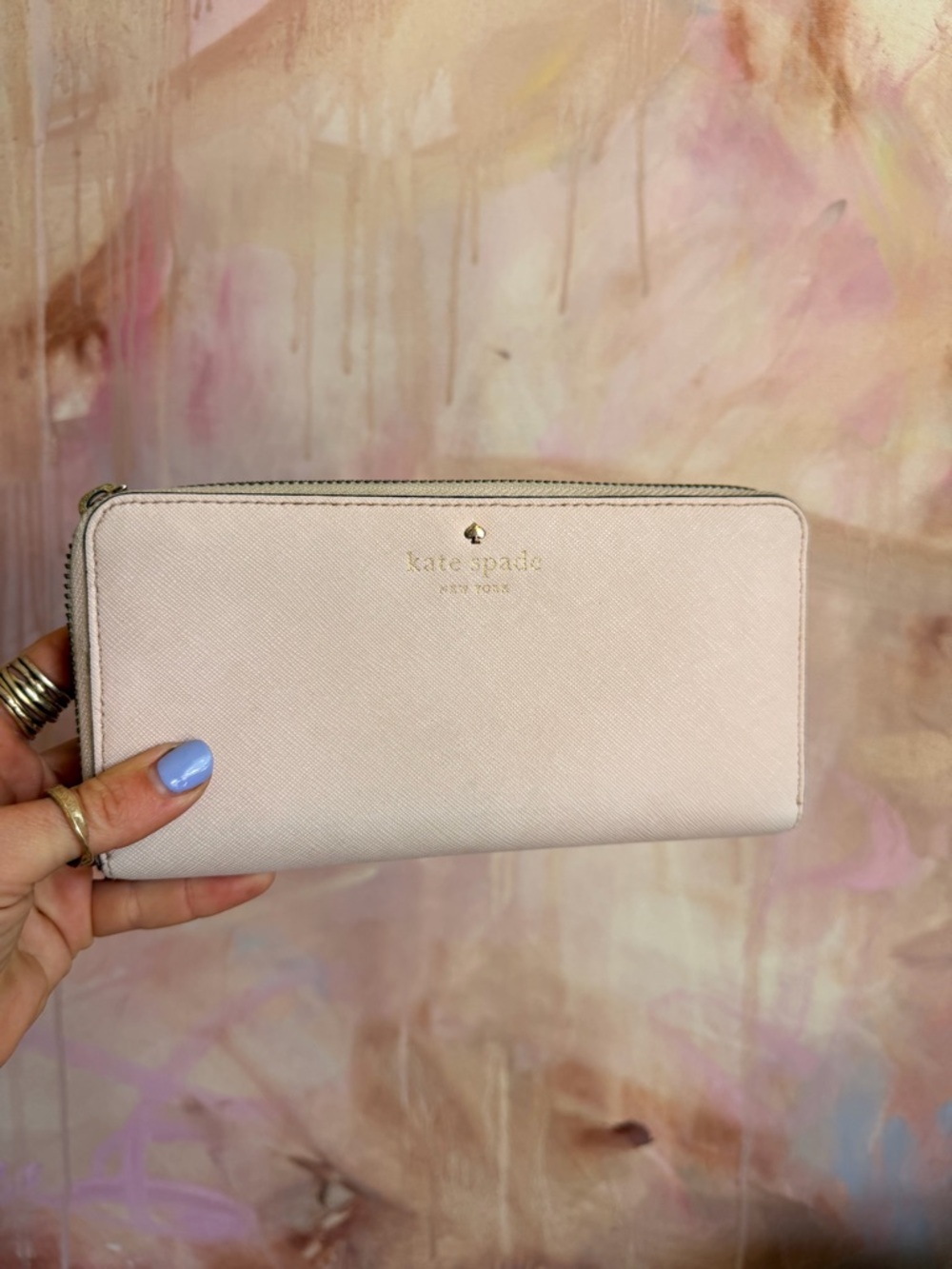kate spade Blush Pink Saffiano Zip Wallet with Gold Logo